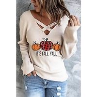 Women's Shirt Blouse Beige Pumpkin Cut Out Print Long Sleeve Halloween Holiday Streetwear Casual V Neck Regular S miniinthebox - thumbnail