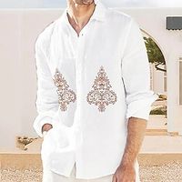 Printing Casual Men's Shirt Linen Shirt Outdoor Daily Vacation Spring   Fall Lapel Long Sleeve White, Blue, Gray S, M, L Polyester Shirt Lightinthebox - thumbnail