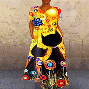 Women's Swing Dress Midi Dress Blue Yellow Short Sleeve Print Patchwork Print Fall V Neck Casual Loose 2021 S M L XL XXL 3XL 4XL 5XL / Plus Size / Plus Size miniinthebox