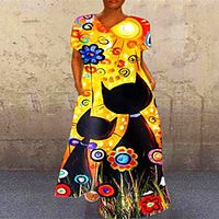 Women's Swing Dress Midi Dress Blue Yellow Short Sleeve Print Patchwork Print Fall V Neck Casual Loose 2021 S M L XL XXL 3XL 4XL 5XL / Plus Size / Plus Size miniinthebox - thumbnail