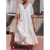 Women's White Dress Casual Dress Swing Dress Maxi Dress Ruffle Streetwear Maxi V Neck Half Sleeve White Color Lightinthebox