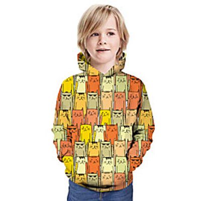 Kids Boys' Hoodie  Sweatshirt Long Sleeve Cat Graphic Animal Unisex Print Yellow Children Tops Summer Active Christmas Regular Fit 3-13 Years Lightinthebox