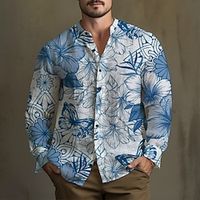 Floral Vintage Men's Shirt Linen Shirt Daily Wear Going out Weekend Fall  Winter Standing Collar Long Sleeve Blue, Brown, Khaki S, M, L Slub Fabric Shirt Lightinthebox - thumbnail
