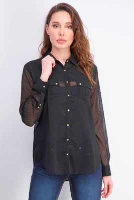 Womens Flocked Polka Dot Shirt Black Womens Flocked Polka Dot Shirt Black