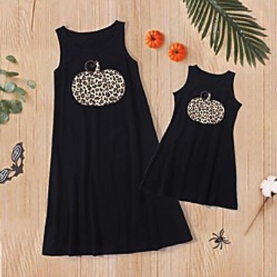 Mommy and Me Halloween Dresses Cotton Cartoon Pumpkin Print Black Sleeveless Knee-length Cute Matching Outfits  Long Lightinthebox