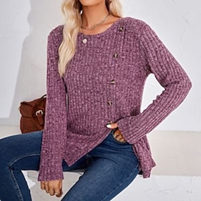 T shirt Tee Women's Black Wine Blue Solid  Plain Color Button Split Daily Fashion Round Neck Regular Fit S Lightinthebox