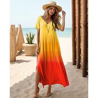 Women's Knit Dress Rainbow Tie Dye Print V Neck Long Dress Maxi Dress Tropical Vacation Short Sleeve Summer Lightinthebox