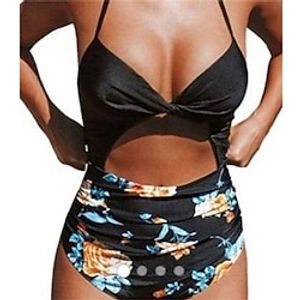 Women's Swimwear One Piece Normal Swimsuit Printing Floral Black Bodysuit Bathing Suits Sports Beach Wear Holiday miniinthebox