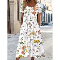 Women's Casual Dress A Line Dress Floral Pocket Print Crew Neck Midi Dress Streetwear A Line Street Holiday Short Sleeve Loose Fit White Yellow Red Summer S M L XL 2XL Lightinthebox