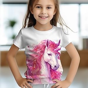 Girls' 3D Unicorn Tee Shirt Pink Short Sleeve 3D Print Summer Active Fashion Cute Polyester Kids 3-12 Years Crew Neck Outdoor Casual Daily Regular Fit Lightinthebox