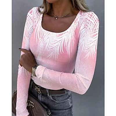Women's T shirt Tee Pink Blue Green Leaf Print Long Sleeve Daily Weekend Fashion U Neck Regular Fit Floral Painting Spring   Fall Lightinthebox