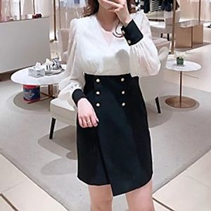Sheath  Column Color Block Elegant Homecoming Cocktail Party Dress V Neck Long Sleeve Short  Mini Spandex with Buttons 2021 Lightinthebox