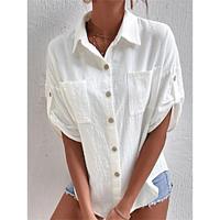 Shirt Blouse Women's Black White Gray Plain Button Pocket Street Daily Fashion Shirt Collar Linen Regular Fit S Lightinthebox