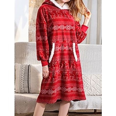 Women's Fleece Loungewear Nightgown Fluffy Fuzzy Dress Elk Snowflake Plush Casual Comfort Home Christmas Daily Coral Fleece Coral Velvet Warm Gift Lapel Long Sleeve Fall Winter Red suit Red dress Lightinthebox