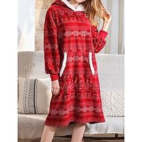 Women's Fleece Loungewear Nightgown Fluffy Fuzzy Dress Elk Snowflake Plush Casual Comfort Home Christmas Daily Coral Fleece Coral Velvet Warm Gift Lapel Long Sleeve Fall Winter Red suit Red dress Lightinthebox - thumbnail
