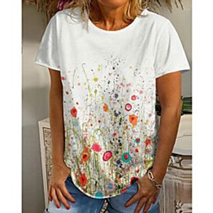 Women's Going out Floral Theme Painting T shirt Floral Graphic Print Round Neck Basic Tops White Lightinthebox