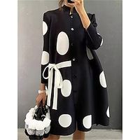 Women's Casual Dress Print Dress SpringDress Polka Dot Lace up Button Stand Collar Midi Dress Fashion Streetwear Outdoor Daily 3/4 Length Sleeve Loose Fit Black Summer Spring S M L XL XXL miniinthebox - thumbnail