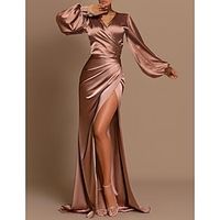 Mermaid  Trumpet Evening Gown Elegant Dress Wedding Guest Fall Sweep  Brush Train Long Sleeve V Neck Satin with Ruched Slit 2023 Lightinthebox - thumbnail
