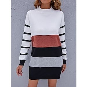 Women's Casual Dress Sweater Dress Shift Dress Mini Dress Patchwork Outdoor Street Daily Fashion Streetwear Stand Collar Long Sleeve 2023 Loose Fit Black Color S M L Size Lightinthebox