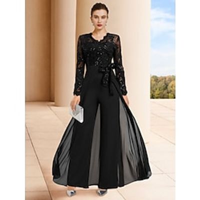 Jumpsuit  Pantsuit Mother of the Bride Dress Wedding Guest Elegant Black Dress V Neck Ankle Length Stretch Chiffon Long Sleeve with Lace Bow(s) Sequin 2023 Lightinthebox