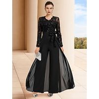 Jumpsuit  Pantsuit Mother of the Bride Dress Wedding Guest Elegant Black Dress V Neck Ankle Length Stretch Chiffon Long Sleeve with Lace Bow(s) Sequin 2023 Lightinthebox - thumbnail