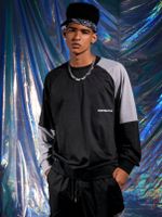 Men Digital Distortion Letter Color Block Splice Crew Neck Sweatshirt - thumbnail