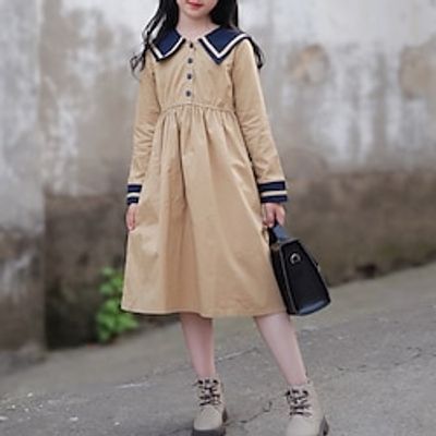 Kids Little Girls' Dress Solid Colored A Line Dress School Daily Khaki Midi Long Sleeve Beautiful Sweet Dresses Fall Winter Regular Fit 1 PC 4-12 Years miniinthebox