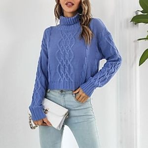 Women's Pullover Jumper Cable Knit Knitted Solid Color Turtleneck Stylish Casual Outdoor Daily Fall Winter Blue Yellow S M L / Long Sleeve miniinthebox