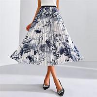 Women's Skirt A Line Midi High Waist Skirts Ruched Pleated Print Color Block Abstract Date Spring, Fall, Winter, Summer Polyester Elegant Fashion Black And White Blue and White Navy Apricot Lightinthebox