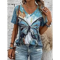 Women's T shirt Tee Butterfly Casual Daily Blue Print Short Sleeve Fashion V Neck Regular Fit Summer Lightinthebox