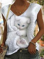 V-neck Casual Loose Cat Print Sleeveless T-shirt