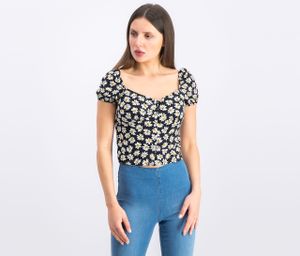 Womens Floral Print Cropped Top  Black/White/Yellow