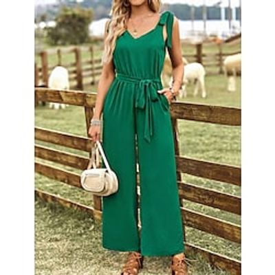 Women's Jumpsuit Ruffle High Waist Solid Color V Neck Streetwear Office Work Regular Fit Sleeveless Black Yellow Wine S M L Summer Lightinthebox