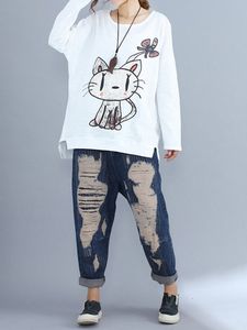 Cat Print Irregular Women T-shirts