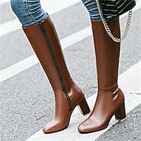 Women's Boots Plus Size Heel Boots Party Outdoor New Year Knee High Boots Buckle Chunky Heel Round Toe Vintage Casual Minimalism Faux Leather Zipper Black Brown Beige miniinthebox