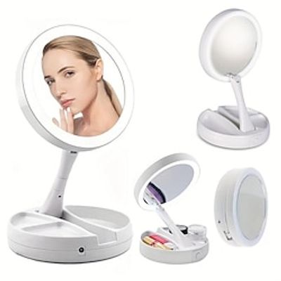 1pc Foldable Makeup Mirror With Led Light Storage Box Organizer, Double Sided 1X  10X Magnifying Retractable Mirror For Table, Vanity, Cosmetic Lightinthebox