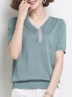 V Neck Patchwork Short Sleeve Knit Pullover V Neck Patchwork Short Sleeve Knit Pullover