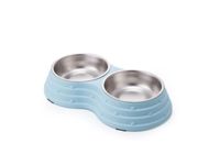 Double Dining Pet Feedrer With Stainless Steel Bowl & Non Slip Rubber Bottom blue For Cats And Dogs -41.5X22X7cm