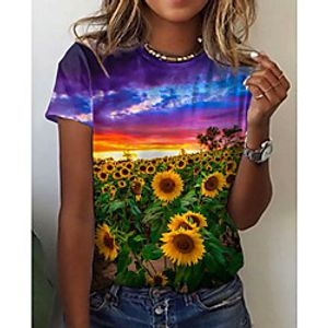 Women's Floral Theme 3D Printed Painting T shirt Scenery 3D Sunflower Print Round Neck Basic Tops Green miniinthebox
