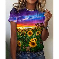Women's Floral Theme 3D Printed Painting T shirt Scenery 3D Sunflower Print Round Neck Basic Tops Green miniinthebox - thumbnail