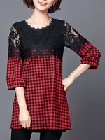 Casual Plaid Patchwork Lace 3/4 Sleeve Shirt