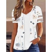 Women's T shirt Tee White Pink Orange Floral Print Short Sleeve Holiday Weekend Basic V Neck Regular Floral Painting S Lightinthebox