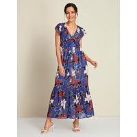 Chiffon Smocked Leaf Print Short Sleeve V Neck Maxi Dress - thumbnail