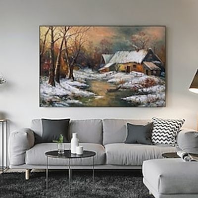 Forest with snow antique oil painting Hand-painted Winter House landscape Town Canvas art for Christmas wall decor Modern Rolled Canvas (No Frame) miniinthebox