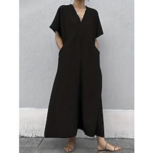 Women's Jumpsuit High Waist Solid Color V Neck Business Work Holiday Wide Leg Loose Fit Short Sleeve T-shirt Sleeve Black Khaki L XL XXL All Seasons Lightinthebox