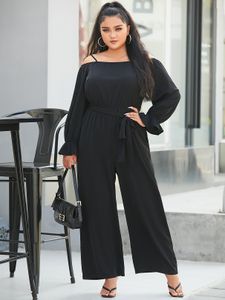 YOINS Plus Size Cold Shoulder Wide Leg Belt Design Long Sleeves Jumpsuit