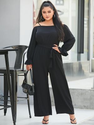 YOINS Plus Size Cold Shoulder Wide Leg Belt Design Long Sleeves Jumpsuit