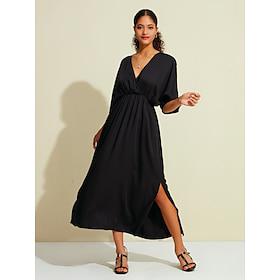 Tencel Elastic Waist Cross Front Half Sleeve Maxi Dress