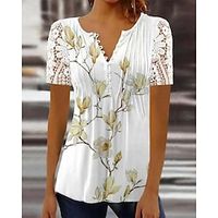 Women's Shirt Blouse Yellow Blue Purple Floral Lace Button Short Sleeve Casual Holiday Basic Round Neck Regular Floral S Lightinthebox - thumbnail