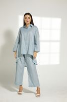 Moistreet Turquoise Linen Fabric Top And Pants Set (XS, S, M, L, XL, XXL)